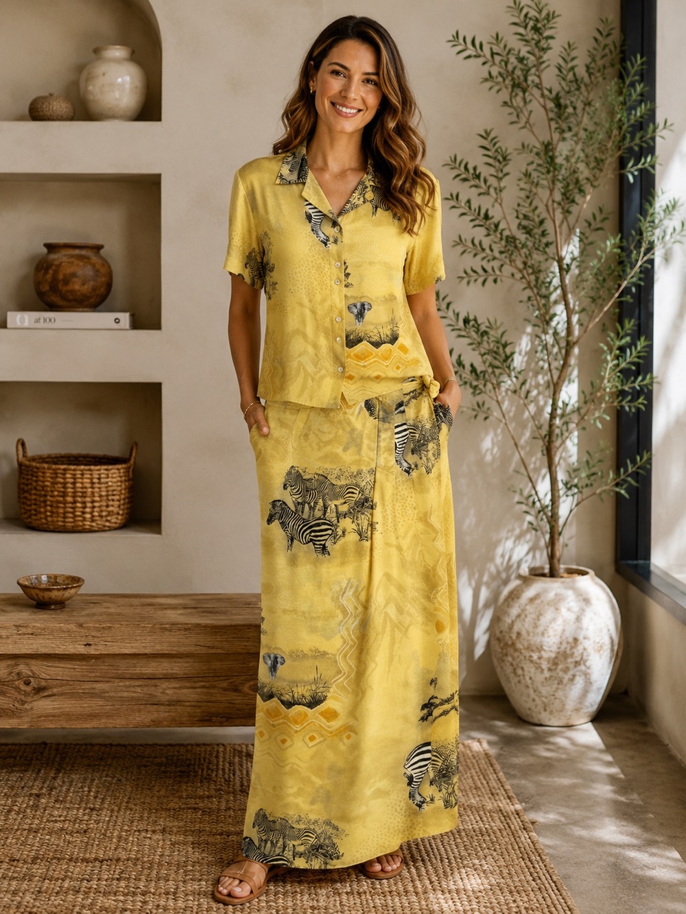 Vintage Simon Chang Yellow safari zebra print 2-piece skirt set 8